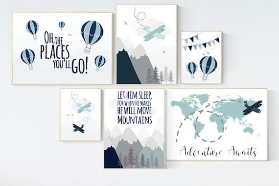 Nursery decor boy mountain, adventure nursery, navy nursery, airplane, world map, hot air balloon, Let him sleep, boy nursery ideas,