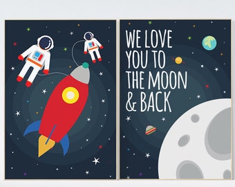Outer space nursery wall art, we love you to the moon and back, navy space nursery decor, baby boy, moon print, playroom decor, kids room