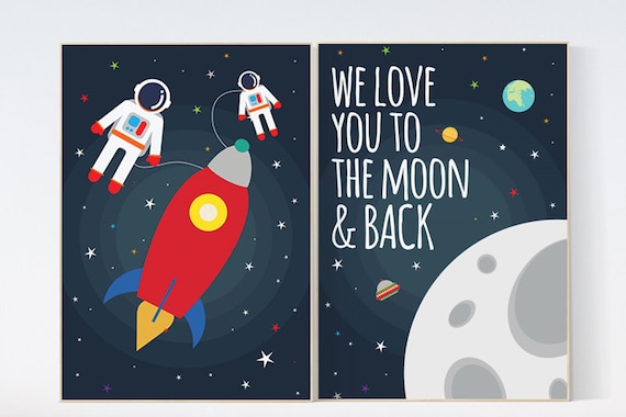 Outer space nursery wall art, we love you to the moon and back, navy space nursery decor, baby boy, moon print, playroom decor, kids room