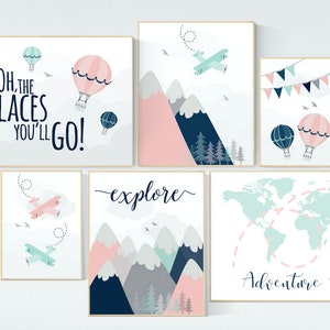 Adventure nursery decor, blush pink mint , mountain art print set, pink navy wall art, airplane, world map, adventure awaits hot air balloon