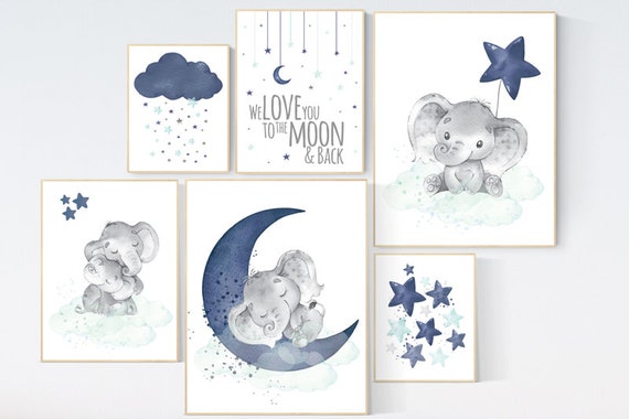 Nursery decor boy elephant, nursery wall art boy, navy teal, moon and stars, navy and teal nursery, boy nursery decor, elephant nursery art