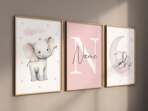 Pink Elephant Nursery Prints Set: Girls Room Decor