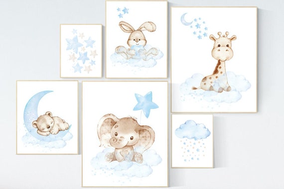 Nursery decor woodland, nursery wall art animals, nursery decor stars and moon, animal nursery prints, elephant, bunny, giraffe bear nursery