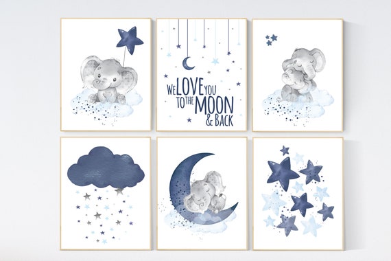 Nursery decor boy elephant, nursery wall art boy, navy and blue, moon and stars, navy blue nursery, boy nursery decor, elephant nursery art