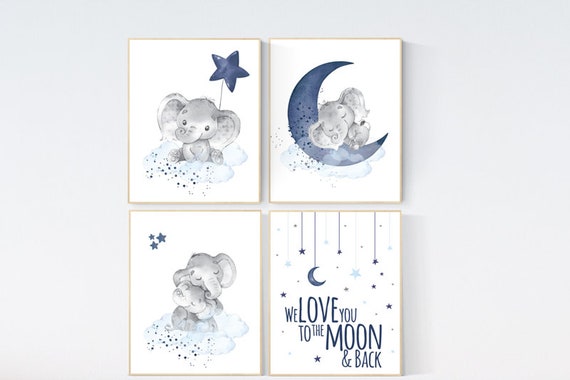 Nursery decor boy elephant, navy blue nursery decor, we love you to the moon and back, moon and stars, navy blue nursery art, elephant
