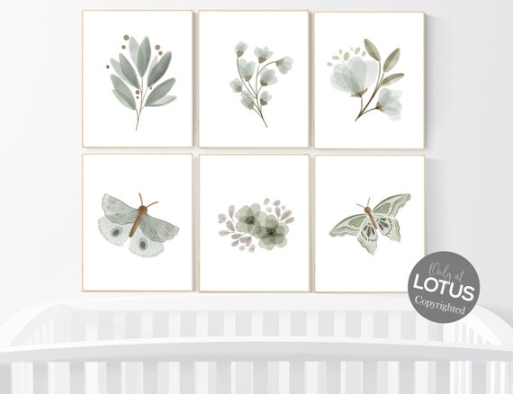 Nursery decor boho, nursery decor girl boho, sage green nursery, Boho Butterfly Floral Set, Butterfly Nursery Wall Art, Neutral colors