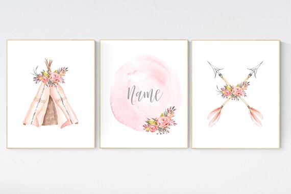 Nursery decor girl boho, blush pink, teepee, arrows, boho decor, floral nursery, nursery art, name nursery, personalized, flower nursery