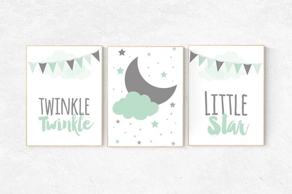 Twinkle Twinkle Little Star, Mint nursery decor, cloud nursery, gender neutral baby, Baby Boy Nursery Wall Art, mint gray, mint gray nursery