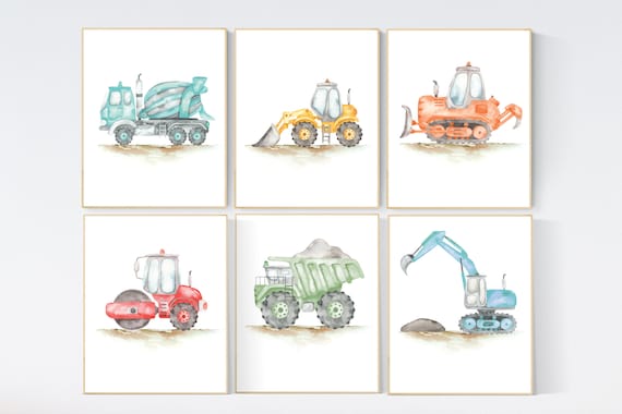 Boy Room Wall Art, Construction Nursery Prints, Construction Wall Art, Playroom Truck Vehicles Posters, Truck Wall Art, Construction Trucks