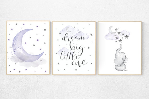 Nursery decor girl purple,  Nursery decor girl elephant, lilac nursery wall art, dream big little one, purple nursery prints, lavender