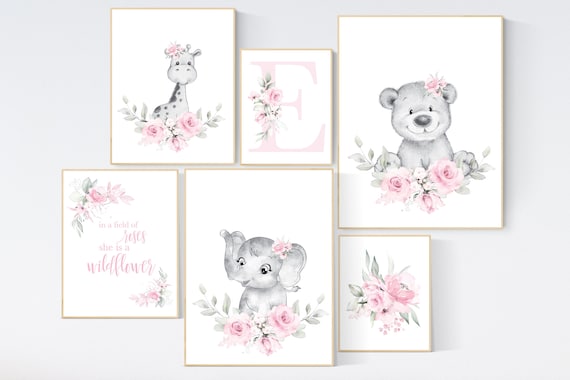 Nursery decor boho, nursery decor girl floral, elephant, giraffe, bear, pink nursery, girl nursery decor name, flower nursery set