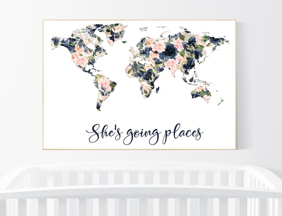 Floral nursery, Blush and navy, girl nursery, map nursery art, world map, girl room decor, girl nursery, blush navy, girl nursery ideas