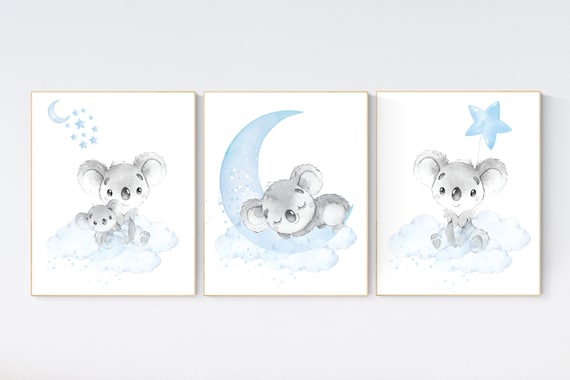 Koala nursery, moon and stars, baby  blue nursery art, nursery prints animals, boy nursery decor, koala mother and baby, blue and gray