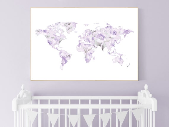 Nursery decor purple, Floral World Map, Girl Nursery Decor, Travel Nursery Art, floral Nursery Print, lilac, lavender, world map art