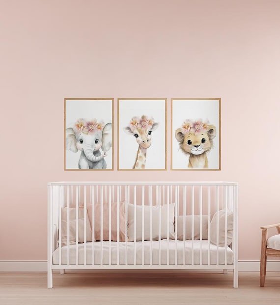 Girl Safari Nursery Wall Art Set of 3, Elephant Giraffe Lion Prints