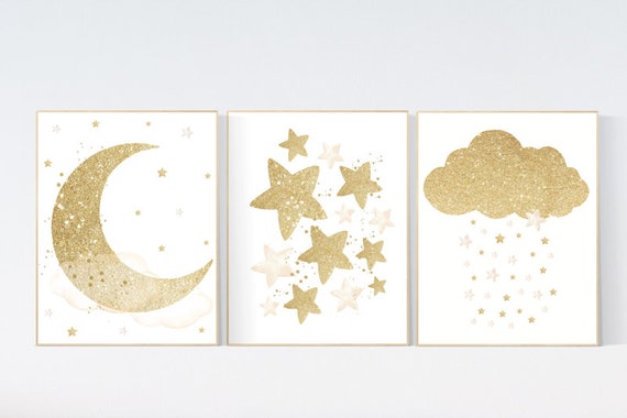 Nursery wall art gold, gold  ivory nursery, nursery decor neutral, baby room decor girl, moon and stars, baby room decor, star nursery