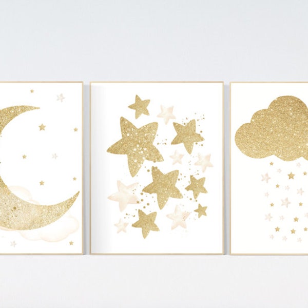 Nursery wall art gold, gold  ivory nursery, nursery decor neutral, baby room decor girl, moon and stars, baby room decor, star nursery