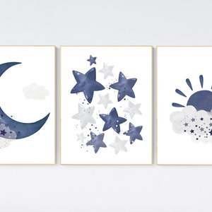 Navy nursery decor, boy nursery wall decor, sunshine, stars, moon, navy blue nursery, nursery prints boy, boy nursery art