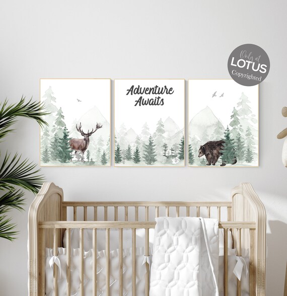 Woodland nursery prints, nursery wall art, forest wall art, green nursery decor, adventure nursery decor, tree nursery prints, woods nursery