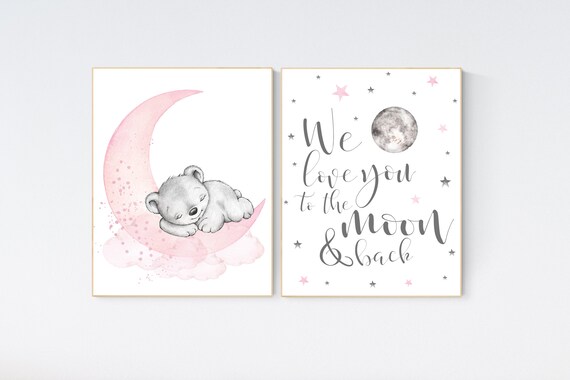 Pink girl room print, Nursery wall art bear, girl nursery decor animals, baby girl room, teddy bear, nursery art, girl room decor