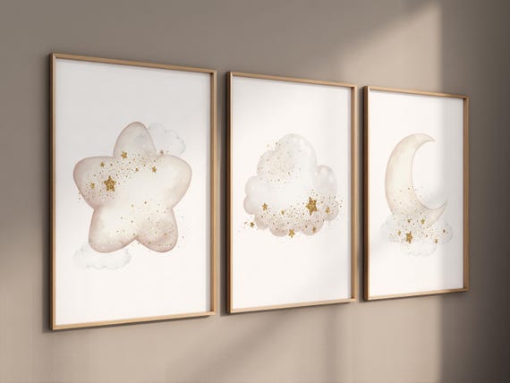 Neutral Moon Nursery Wall Art Set of 3, Star Cloud Prints