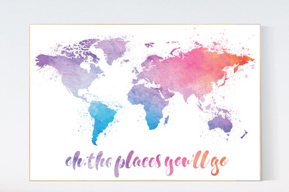 World Map Print, oh the places you'll go, nursery wall art,  nursery room decor, toddler room, neutral gender, color world map, kids room