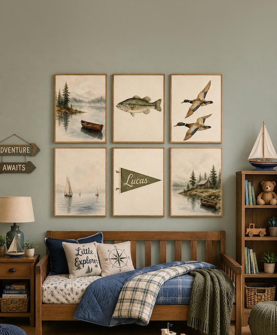 Personalized Lake Nursery Wall Art Set of 6, Fishing Nursery Decor