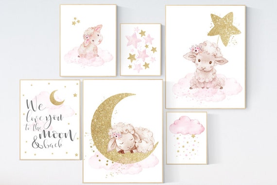 Baby room decor girl, Nursery wall art girl pink gold, Sheep nursery decor, sheep nursery art, lamb nursery decor, lamb print for nursery