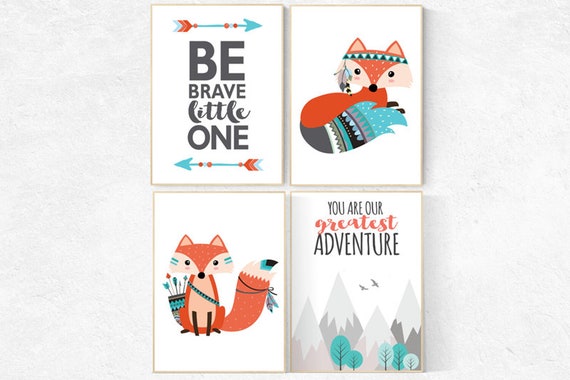 Nursery decor woodland, fox nursery decor, be brave little one, tribal nursery decor, woodland nursery, fox print, Woodland Animal Nursery