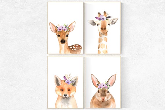 Nursery decor girls, nursery decor girl purple, animal flower crown, nursery prints animals, nursery decor girl flower purple flower nursery