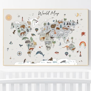 Impressão de mapa-múndi animal, decoração de berçário de animais da floresta, arte de parede de mapa-múndi, cores neutras, mapa-múndi com animais, gênero neutro