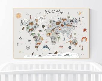 Impresión de mapa del mundo animal: decoración neutra para habitación infantil, arte para habitación infantil