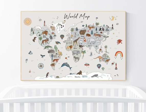 Animal World Map Print, Woodland Animal Nursery Decor, World Map Wall Art, neutral colors, World Map With Animals, gender neutral