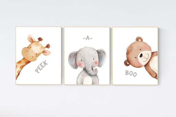 Peek a boo animals, Nursery Art Prints, woodland animals Nursery Print, Peekaboo Bear, Nursery Decor, Neutral Nursery Decor, animal prints