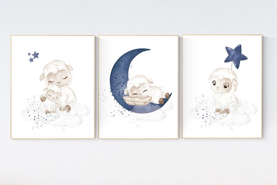 Sheep nursery decor, Nursery decor boy, nursery decor lambs, nursery wall art sheep, moon and cloud wall art nursery, navy nursery wall art