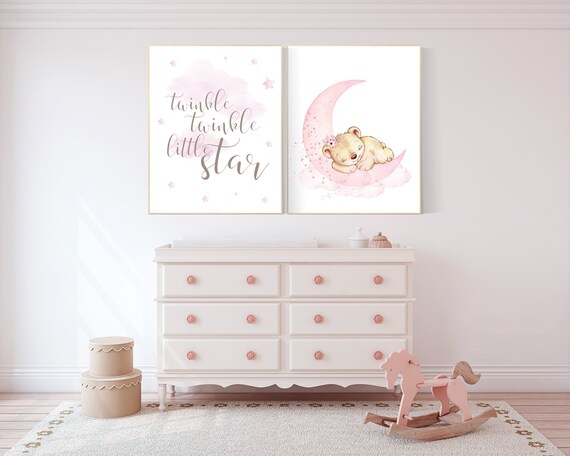 Nursery wall art bear, girl nursery decor woodland, nursery decor woodland, nursery prints girl, girls room, twinkle twinkle little star