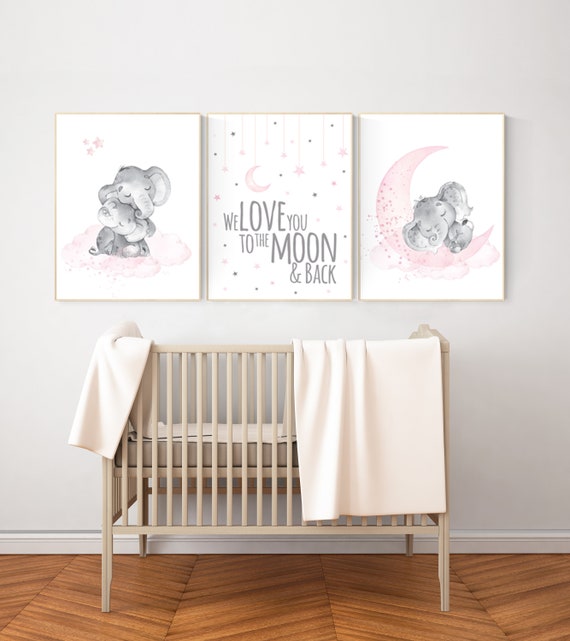 Nursery wall art girl elephant, pink and gray nursery, we love you to the moon and back, pink nursery art, moon and stars, baby room decor