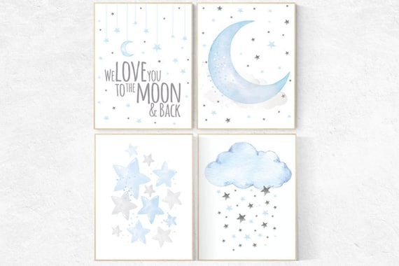 Nursery decor boy, cloud, moon, stars, we love you to the moon and back, boy nursery room, blue grey, blue grey, boy nursery ideas