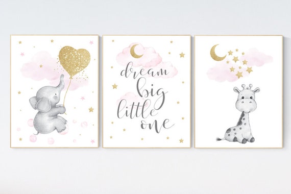 Nursery wall art girl, baby room decor girl gold and pink, giraffe nursery, dream big little one, cloud and stars, elephant nursery wall art