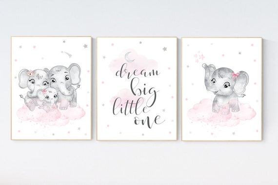 Nursery decor girl pink and gray, Elephant nursery wall art, girl nursery ideas, pink grey nursery wall decor, nursery prints girl