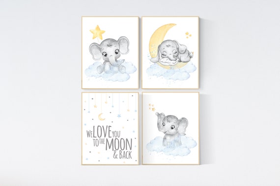 Nursery decor gender neutral, elephant prints, nursery wall art, gender neutral, blue yellow, we love you to the moon and back, wall decor