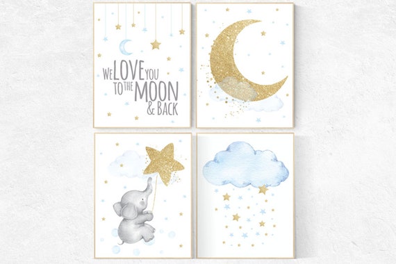 Nursery decor boy elephant, blue and gold nursery, we love you to the moon and back, blue nursery wall art, cloud and stars, baby room decor