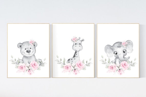 Floral jungle animals, elephant, bear, giraffe, Nursery wall art girl, girl nursery ideas, pink grey, nursery wall art girl flowers, pink