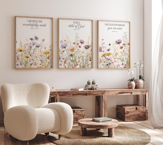 Bible Verse Wall Art Set, Floral Scripture Prints, Christian Nursery Decor, Fearfully Made, Child of God, You Are Mine, Pastel Flowers