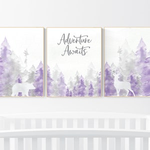 Nursery decor woodland, mountain wall art, tree nursery decor, adventure theme nursery, forest, purple and gray, woodland animals, lilac