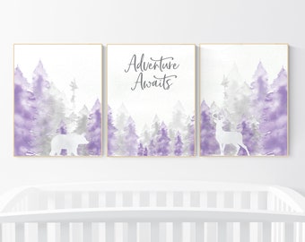 Woodland Nursery Decor: Purple Gray Mountain Animals Art Print