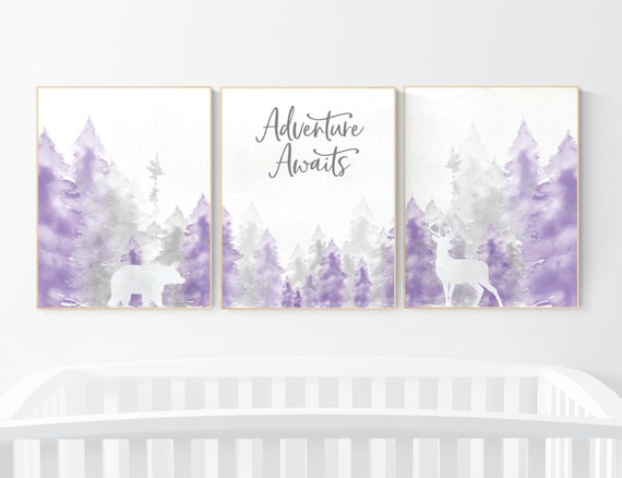 Nursery decor woodland, mountain wall art, tree nursery decor, adventure theme nursery, forest, purple and gray, woodland animals, lilac