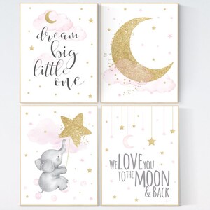 Nursery decor girl elephant, pink and gold nursery, we love you to the moon and back, pink nursery art, cloud and stars, baby room decor