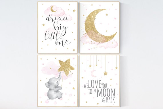 Nursery decor girl elephant, pink and gold nursery, we love you to the moon and back, pink nursery art, cloud and stars, baby room decor