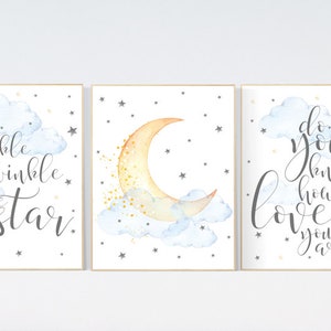 Impressão de decoração para berçário: arte com estrelas cintilantes, lua e nuvens